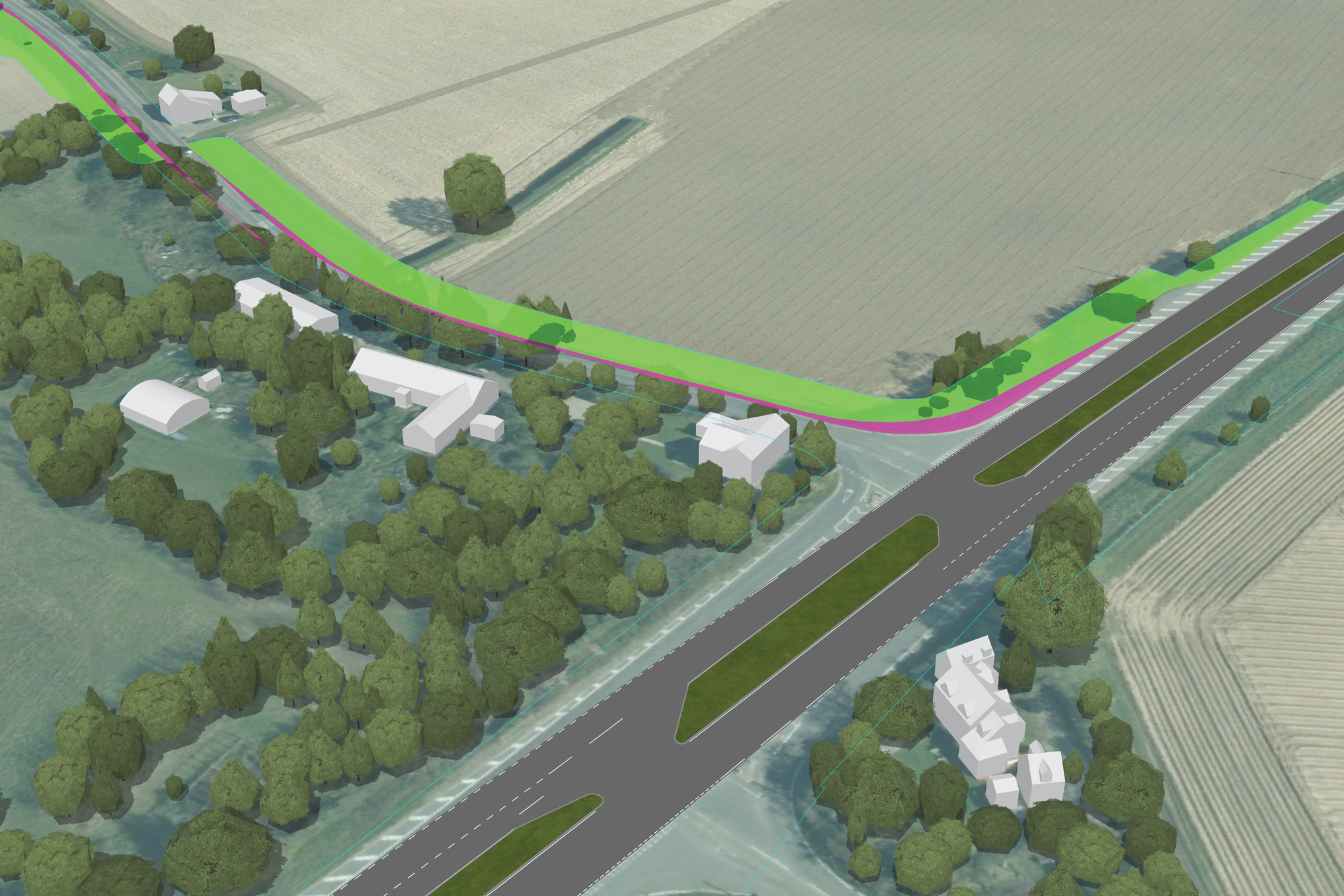 Indicative computer-generated image of the extent of works proposed at the Bentley Road / A120 junction.